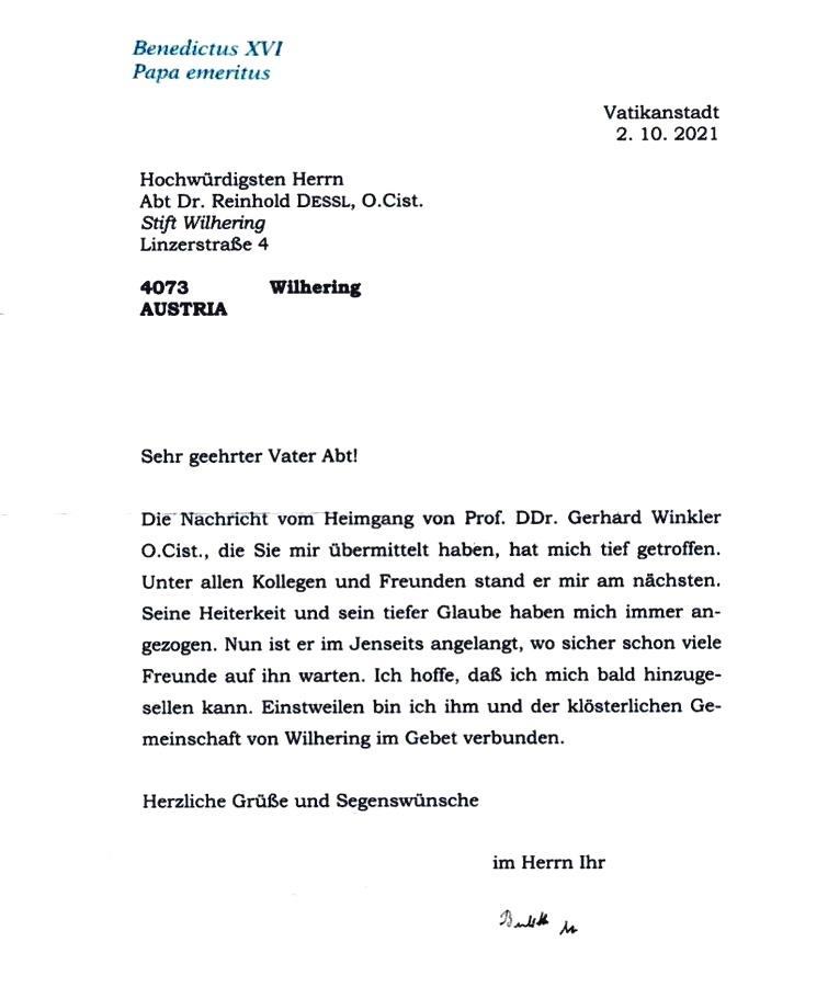 Lettera di Papa Benedetto XVI Vescovo emerito di Roma