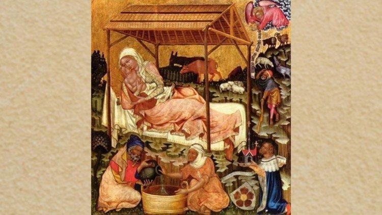Dipinto altare boemo con Giuseppe che compie lavori domestici